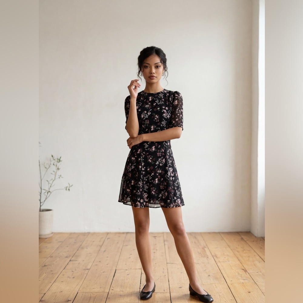 Reformation Black Floral Open Back Mini Dress Size 4 Short Sleeve Viscose USA - Picture 3 of 10
